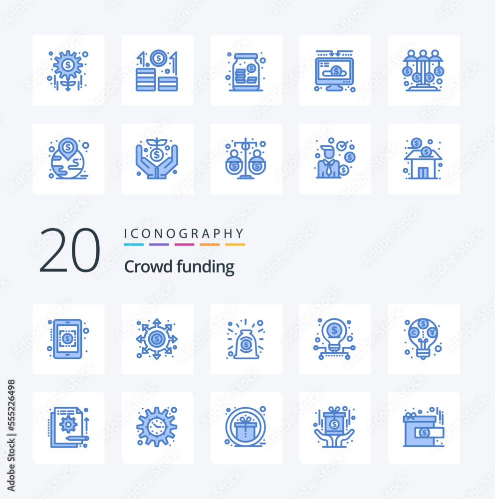 20 Crowdfunding Blue Color icon Pack like profit stock agreement startup business