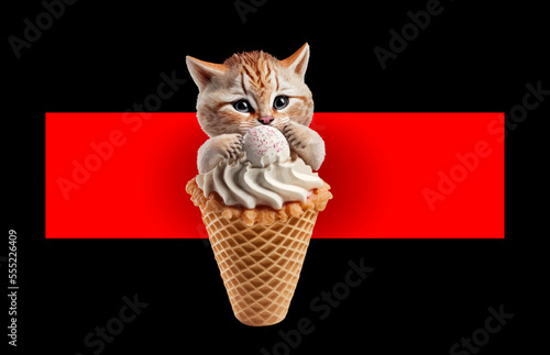 A cute little kitten sat in a waffle cone of ice cream. Vector illustrator