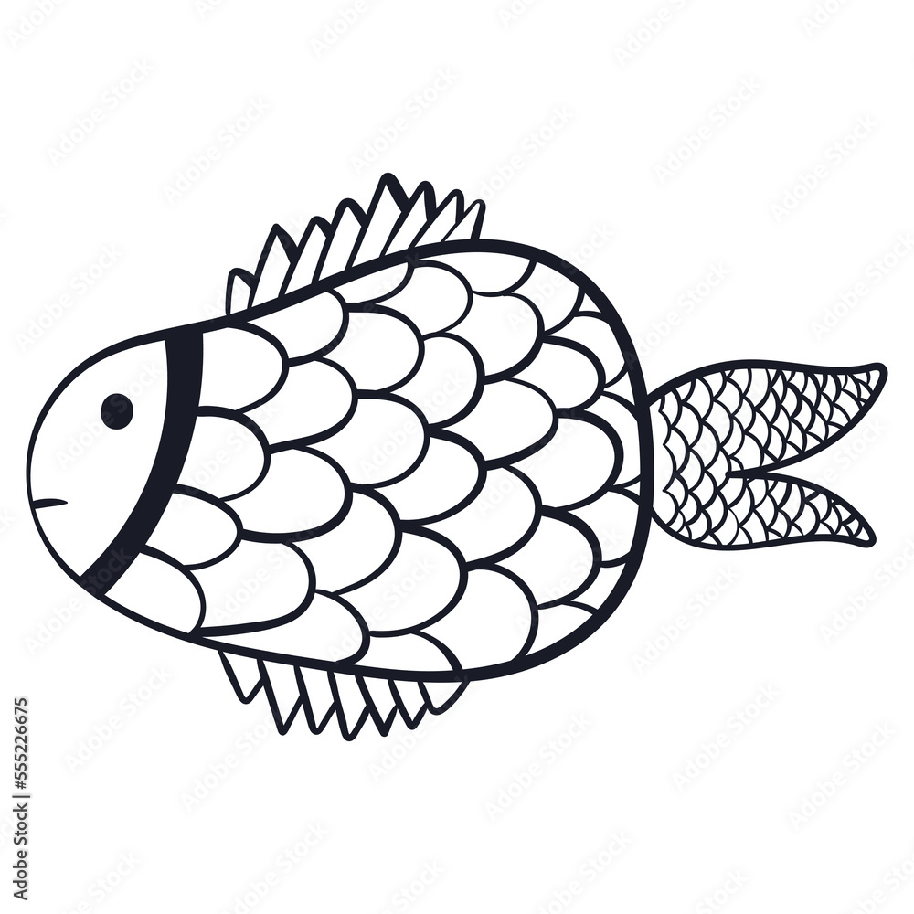 Obraz premium Vector isolated illustration of Fish in Doodle style, children coloring book.