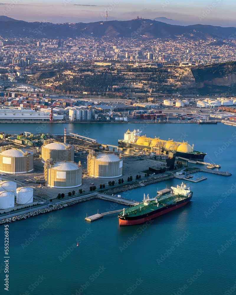 Liquefied gas terminal in the seaport. Gas tankers lay the the gas storage facilities to ensure energy security for Europe. 