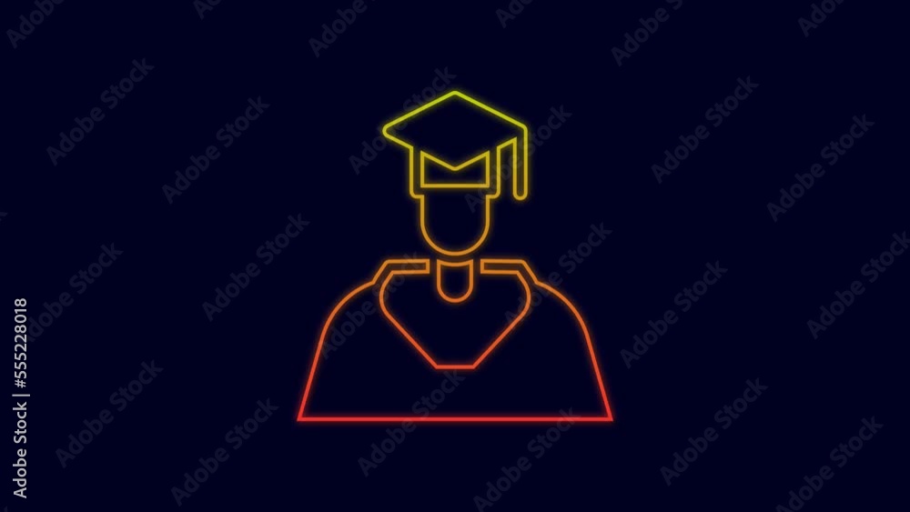 Glowing neon line Graduate and graduation cap icon isolated on blue background. 4K Video motion graphic animation Glowing neon line Graduate and graduation cap icon isolated on blue background. 4K Video motion graphic animation