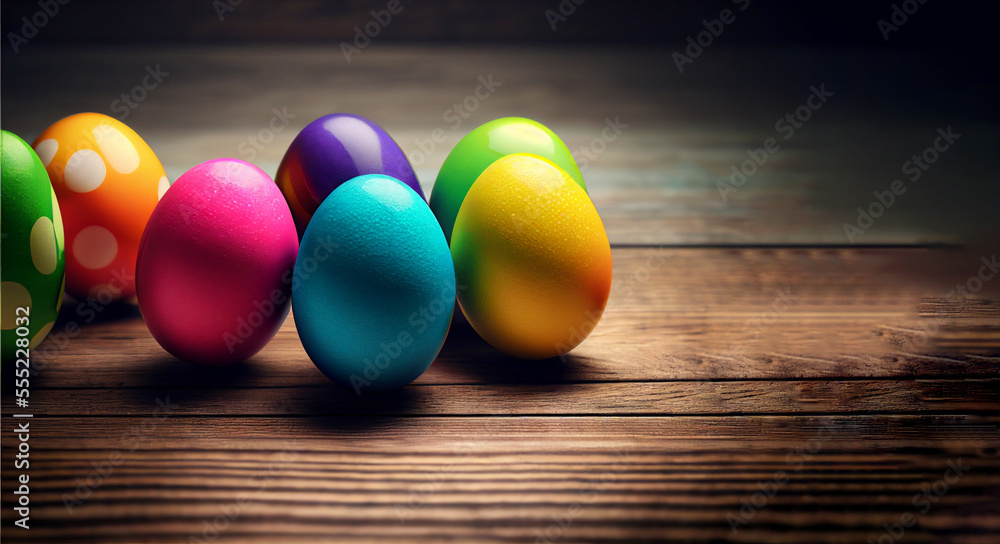 Obraz premium easter eggs on wooden table, generative ai