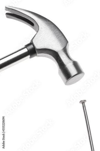 Hammer hitting a nail, isolated on white background