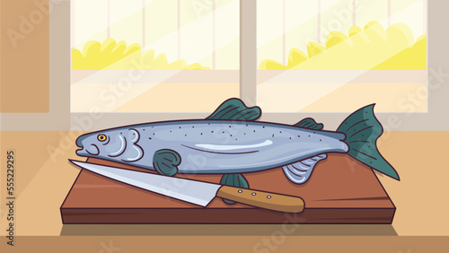 Atlantic salmon fish food concept, fresh humpback foodstuff cartoon style isolated on white, flat vector illustration. Kitchen board with sharp knife, cooking item icon, healthy meal. - 