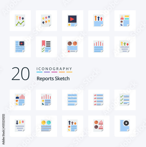 20 Reports Sketch Flat Color icon Pack like document checkmarks page page document
