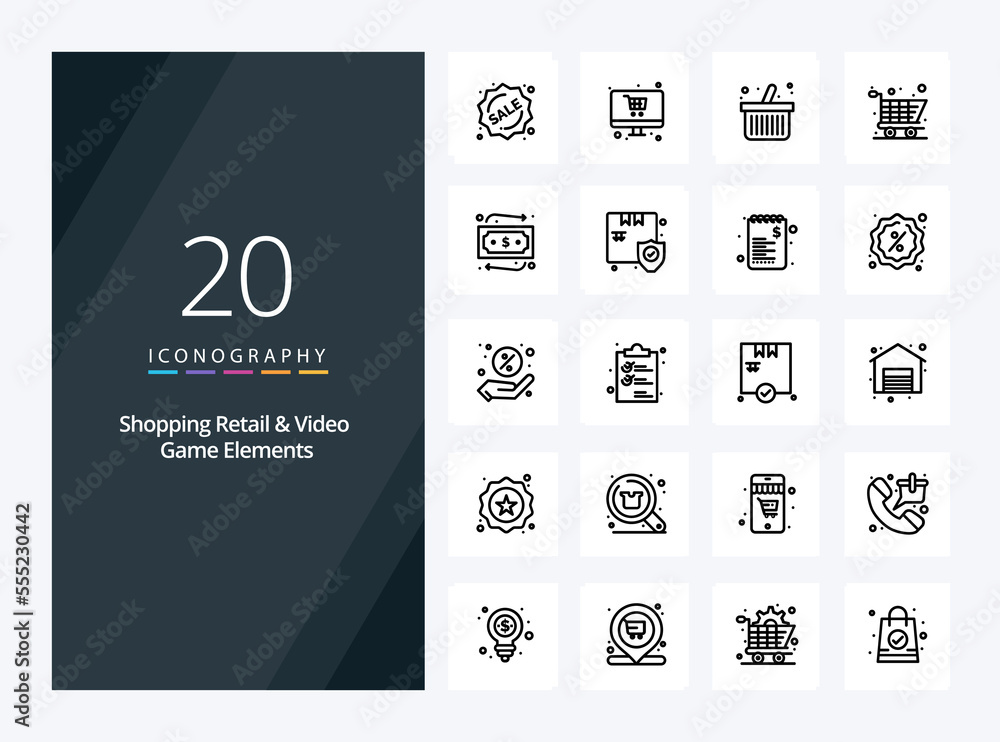 20 Shoping Retail And Video Game Elements Outline icon for presentation