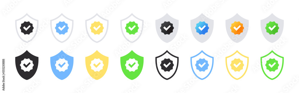 Verification check marks. Profile verification vector icons. Verification badges with shields. Vector illustration Verification check marks. Profile verification vector icons. Verification badges with shields. Vector illustration