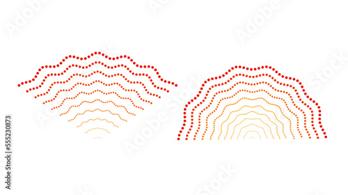 Red rippled doted signals. Sonar or sound wave lines. Epicentre, target, radar, vibration element concepts. Radio pulsating signal.