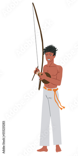 Brazilian capoeira man playing the instrument called berimbau. Illustration isolated on white background.