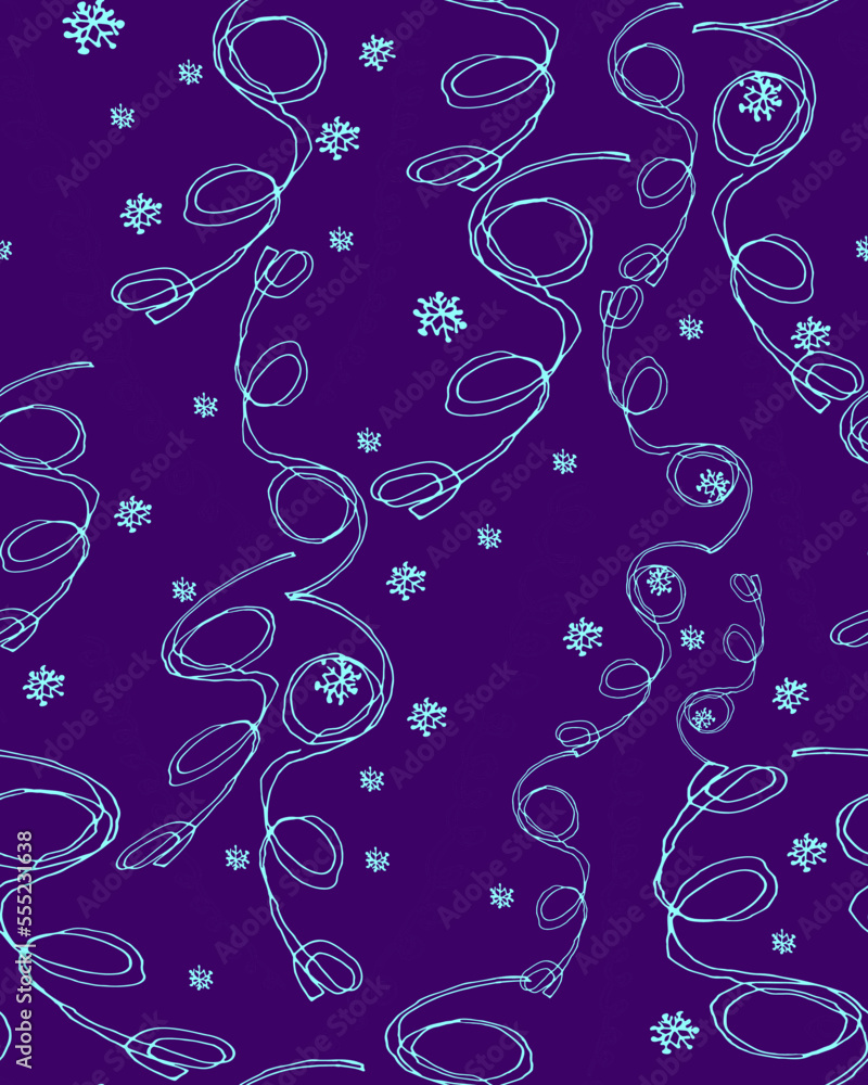 New Year holiday seamless pattern with outline serpentine ribbons on dark violet. Greeting card, gift packaging., wrapping paper. Naive scrabble style collection for happy new year. 