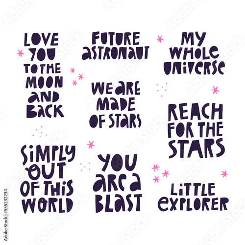 Hand drawn cosmic lettering quotes collection isolated on white