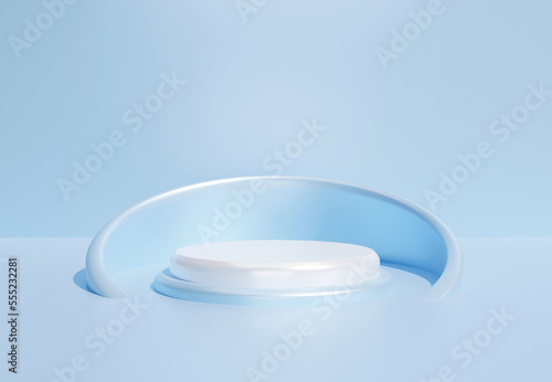 White cylinder podium on light blue background. Stand to show products in minimal style. Clean and modern pedestal display with copy space. Banner size. Website cover template. 3D rendering.