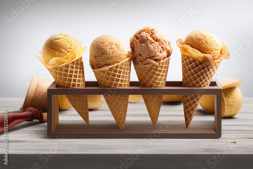 photo of a row of ice cream covered in sprinkles cones sitting on top of a table - AI Generated