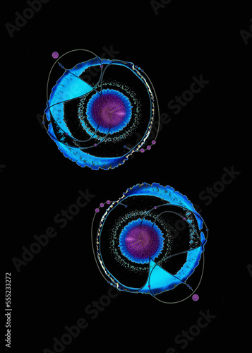 Two ink blot creations in purple, blue and black; Artwork photo