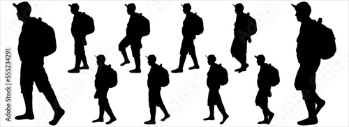 An older woman in a cap with a backpack on her back. Retired tourists. The character is suitable for motion animation. Sports and the elderly. Side view, profile. Ten black female silhouettes isolated