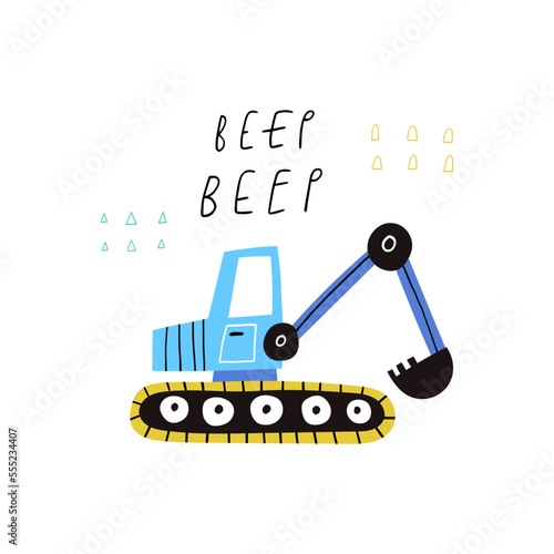 Beep beep text and cartoon excavator isolated on white. Hand drawn construction equipment with bucket and tracks.