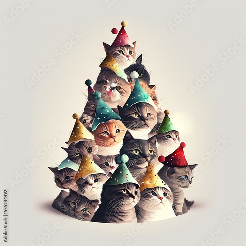 generative AI, cats christmas tree, cats looking like chritsmas tree, fun, winter, snow, 5 cats with christmas hats, christmas, new year, party, fun, vintage, pussy, christmas card, new year, 