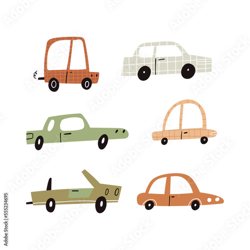 Cartoon retro motor cars collection isolated on white. Cute hand drawn various automobiles clipart set