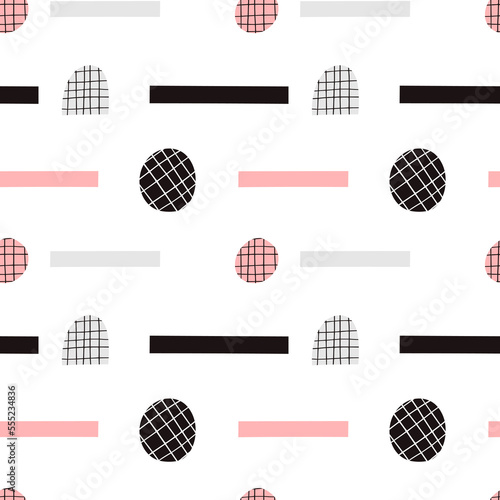 Abstract shapes vector seamless pattern. Hand drawn flat circles and other abstract details
