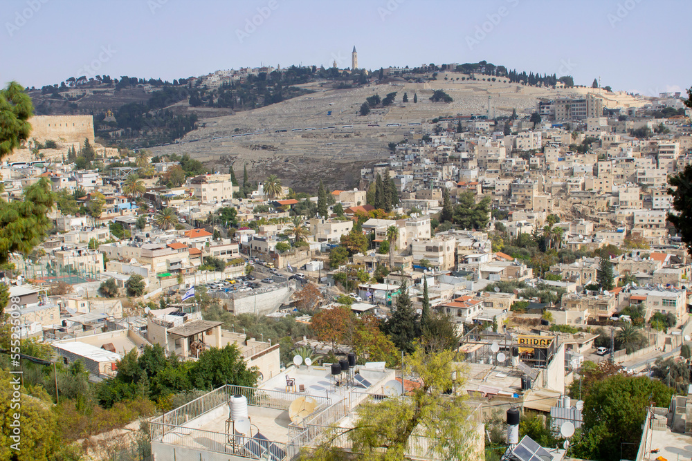 The Mount of Olives at Jerusalem Israel viewed across the Valley of Hinnom from the traditional site of Caiaphas' Palace