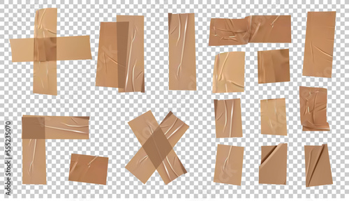 Adhesive tape. Realistic adhesive scotch with torn edges. 3D stripes for fixing or a simple repair. Plastic wrinkled sticky bands and crosses.Vector illustration.