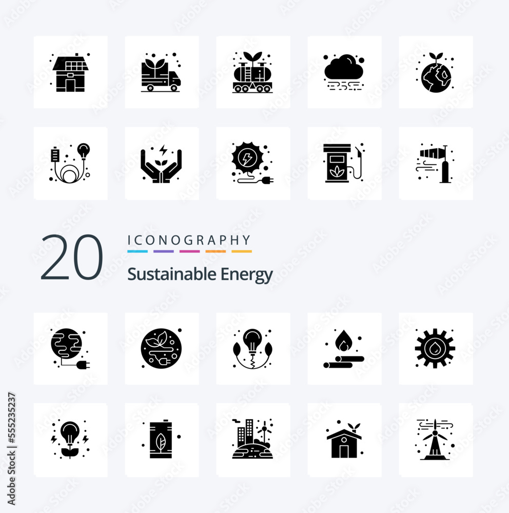 20 Sustainable Energy Solid Glyph icon Pack like oil gear bulb energy water