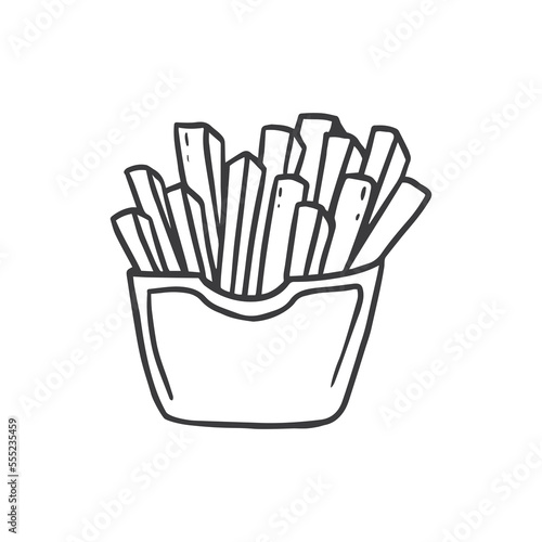 french fries in a paper pack in doodle doodle style. Unhealthy food sketch for menus,showcases,cards, posters, wallpapers.Vector illustration. 