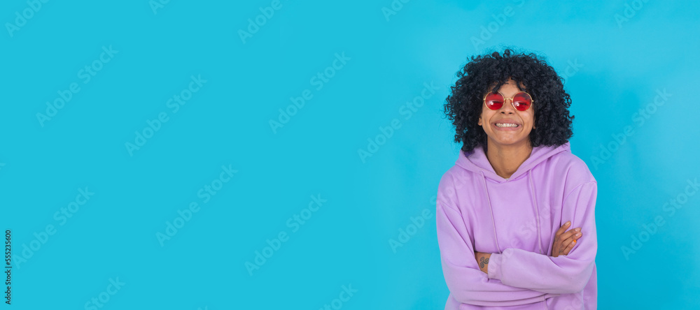 afro girl isolated on color background in sunglasses and purple pullover afro girl isolated on color background in sunglasses and purple pullover