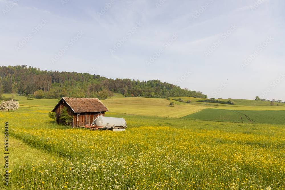 Wooden barn in a green field
