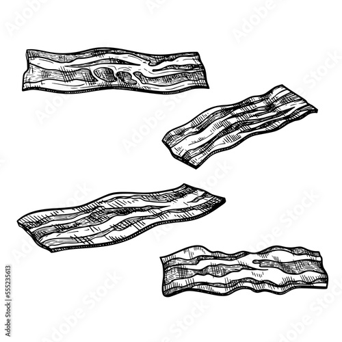 Bacon slices set. Hand drawn sketch style crispy food meat portion of pork from butcher. Fresh traditional breakfast product. Vector illustrations isolated on white background.