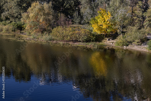 Landscape of the spring river. Top view of the river