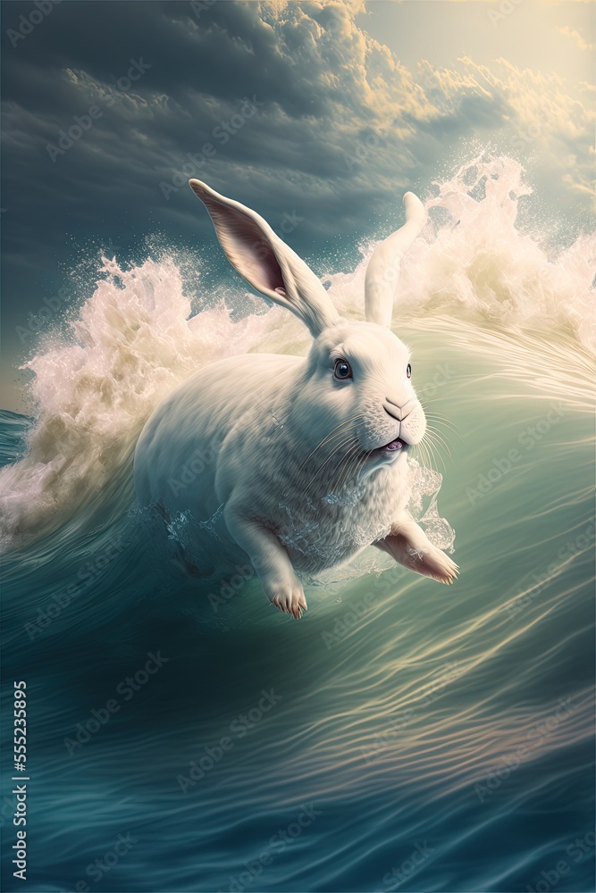 White rabbit swimming, water rabbit, rabbit year illustration, year ...