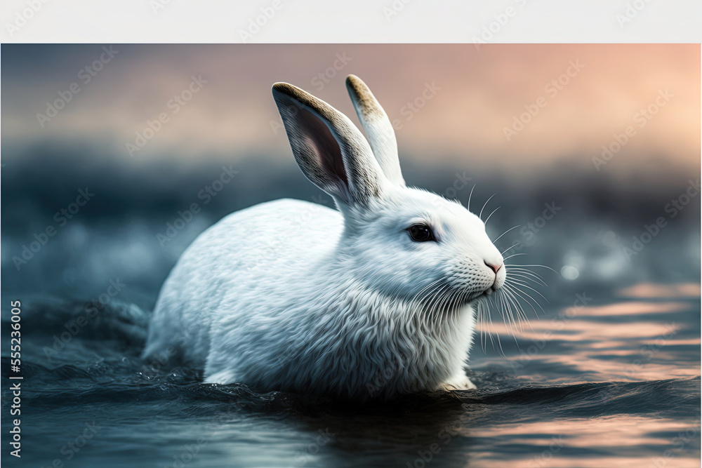 Obraz White rabbit in the water, water rabbit, rabbit year illustration