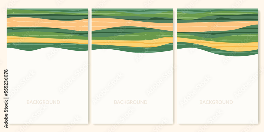 Abstract green field landscape poster collection. Set of natural eco textured mountain hill background. Social media template in vintage style. Rural view, countryside poster, abstract agriculture