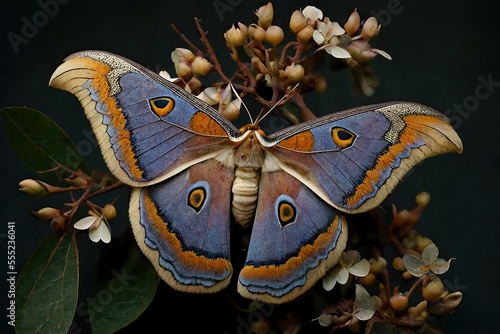 Giant silkmoth on cherry blossom branch, wings spread, generative AI photo