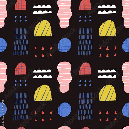 Cartoon abstract shapes with texture vector seamless pattern