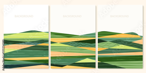 Set of abstract shapes green field from aerial view. Minimalist summer field landscape poster collection. Rural view, grunge texture. Design elements for social media post, layout, card, background