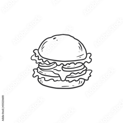 Hand drawn burger in outline doodle style, isolated on white background. Fast food meal with beef, lettuce for menu design.Vector illustration 
