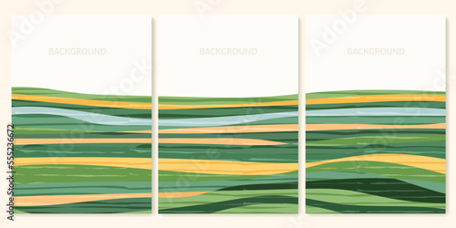 Green farm agriculture field template. Agro design vector layout. Abstract eco poster. Collection of ecology backgrounds. Eco countryside, hill shape, decoration set of organic farmland, nature art