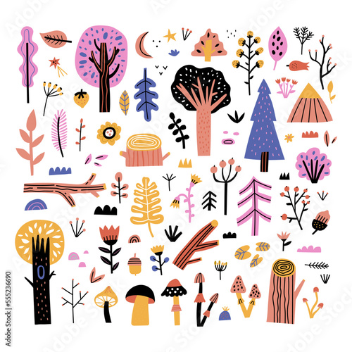 Big forest vector collection isolated on white. Autumn woodland plants set