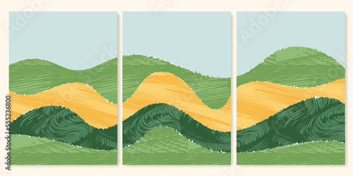 Green collage abstract field background vector illustration. Pattern with textured nature, organic shape with scribble. Set of a4 vertical poster, contemporary backdrop collection, book cover decor