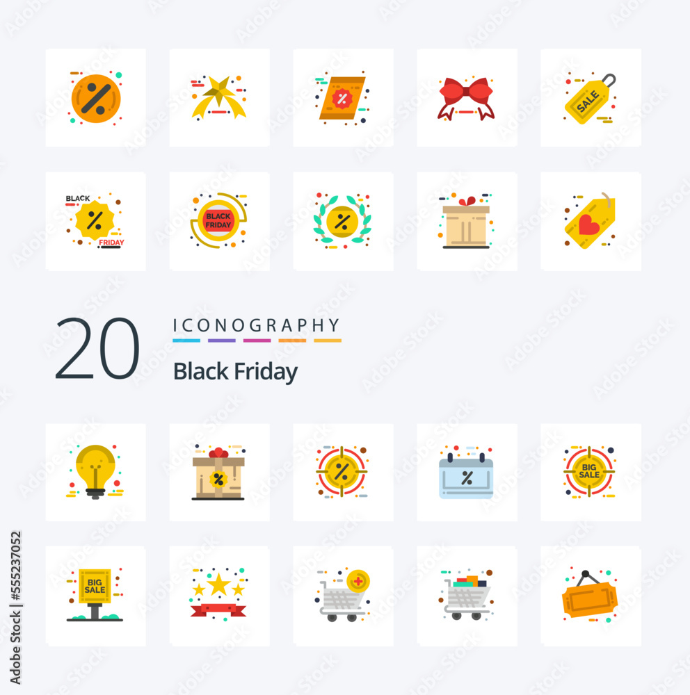 20 Black Friday Flat Color icon Pack like schedule sale calendar gift black percentage