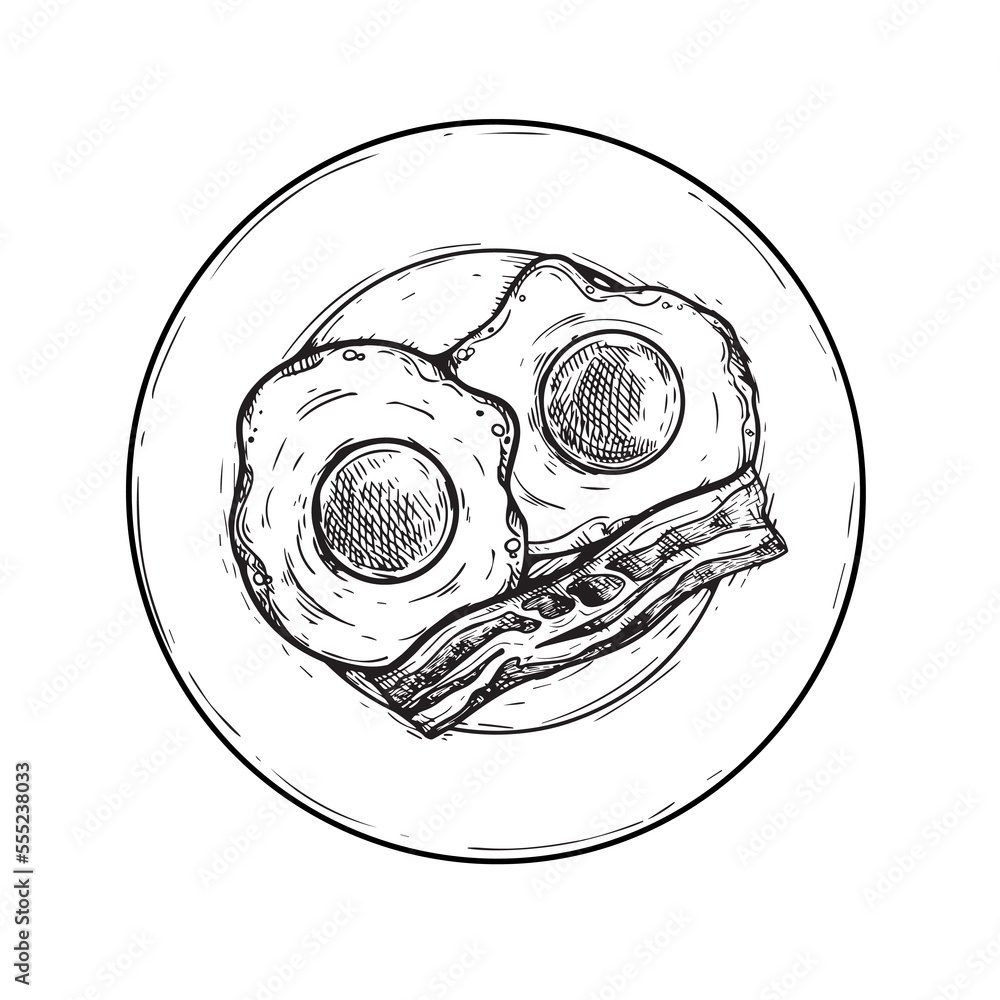 Vecteur Stock Plate dish with fried eggs and bacon. Hand drawn sketch