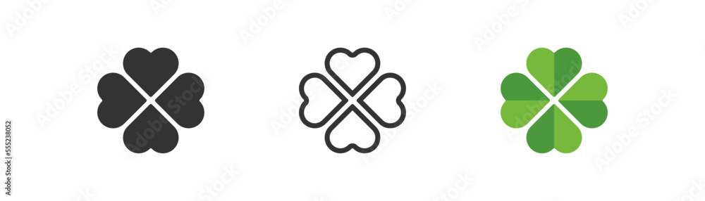 Clover with four leafs icon on light background. St Patrick's day, leprechaun symbols. Green lucky clover sign. Flat minimal design. - obrazy, fototapety, plakaty 