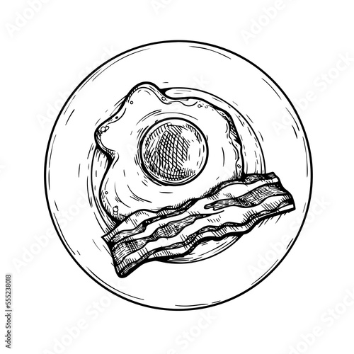 Plate with fried egg and bacon slice. Hand drawn sketch style traditional breakfast drawing. Vector illustration on white background.