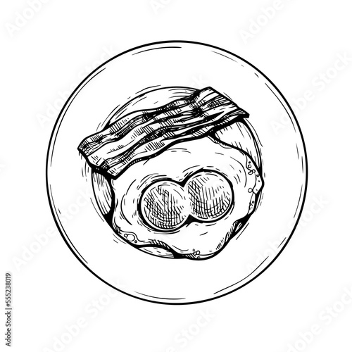 Plate with fried double-eyed egg and bacon slice. Hand drawn sketch style traditional breakfast drawing. Vector illustration on white background.