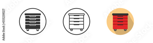 Red rolling tool cabinet icon on light background with shadow in circle. Line, black and colored style. Garage stuff. Tools storage symbol. Toolbox sign. Flat minimal design.