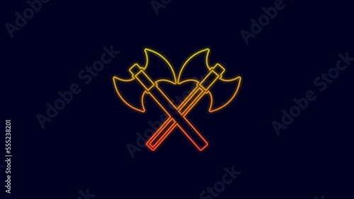 Glowing neon line Crossed medieval axes icon isolated on blue background. Battle axe, executioner axe. Medieval weapon. 4K Video motion graphic animation