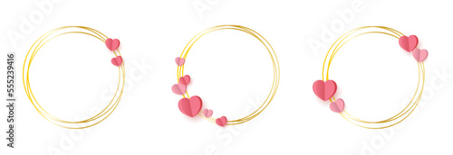 Set of geometric gold frame isolated on white.Golden Geometrical frames.Simple abstract golden round frames with a hearts.Set of luxury gold circle frames collection.Valentine day heart frames.