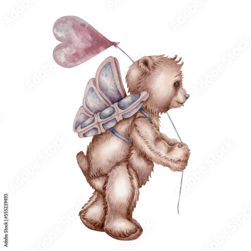 Watercolor hand drawn teddy bear - an angel with pink heart balloon for Valentine's Day, Mother's day, Women's Day, birthday, wedding. Elements isolated on white background photo